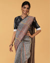 Earthy Pure Linen Kantha Work Gray Saree