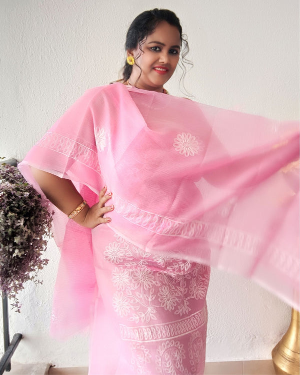 Embroidered Kota Doria Suit Pink (Top+Dupatta+Bottom)