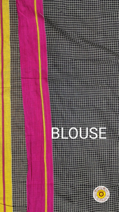 Patteda Anchu Handloom Mark Certified Pure Cotton Black Saree with Running Blouse-Indiehaat