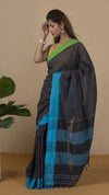 Handloom Mark Patteda Anchu Charcoal Cotton Saree Jet Gray