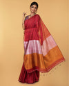 Silk Linen Plain Saree Red Color with contrast border and attached Running Blouse-Indiehaat