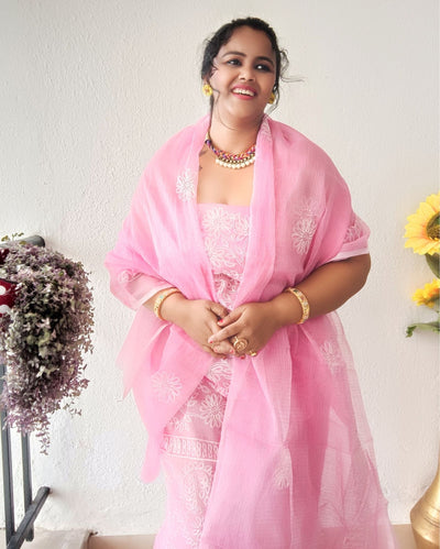 Embroidered Kota Doria Suit Pink (Top+Dupatta+Bottom)