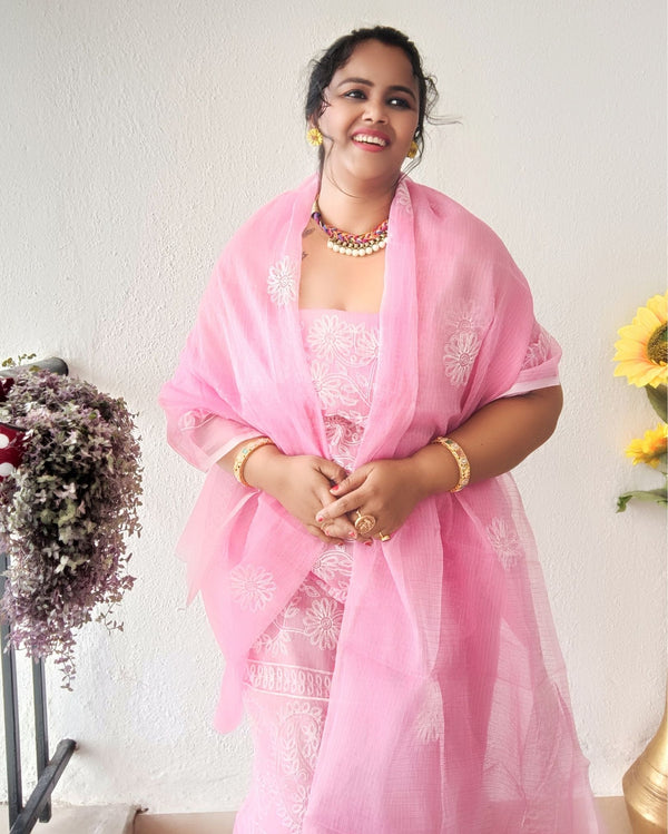 Embroidered Kota Doria Suit Pink (Top+Dupatta+Bottom)