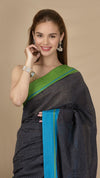 Handloom Mark Patteda Anchu Charcoal Cotton Saree Jet Gray