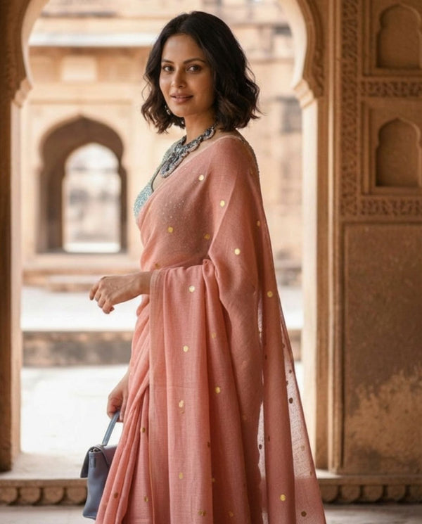 Indiehaat | Pure Mul Cotton Sequin Saree Peach