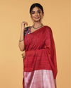 Silk Linen Plain Saree Red Color with contrast border and attached Running Blouse-Indiehaat