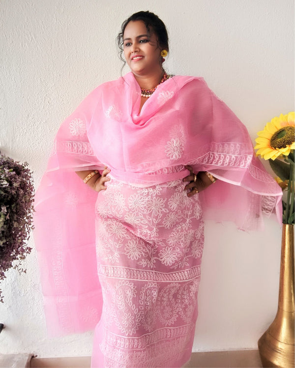 Embroidered Kota Doria Suit Pink (Top+Dupatta+Bottom)