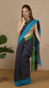 Handloom Mark Patteda Anchu Charcoal Cotton Saree Jet Gray