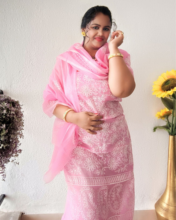 Embroidered Kota Doria Suit Pink (Top+Dupatta+Bottom)