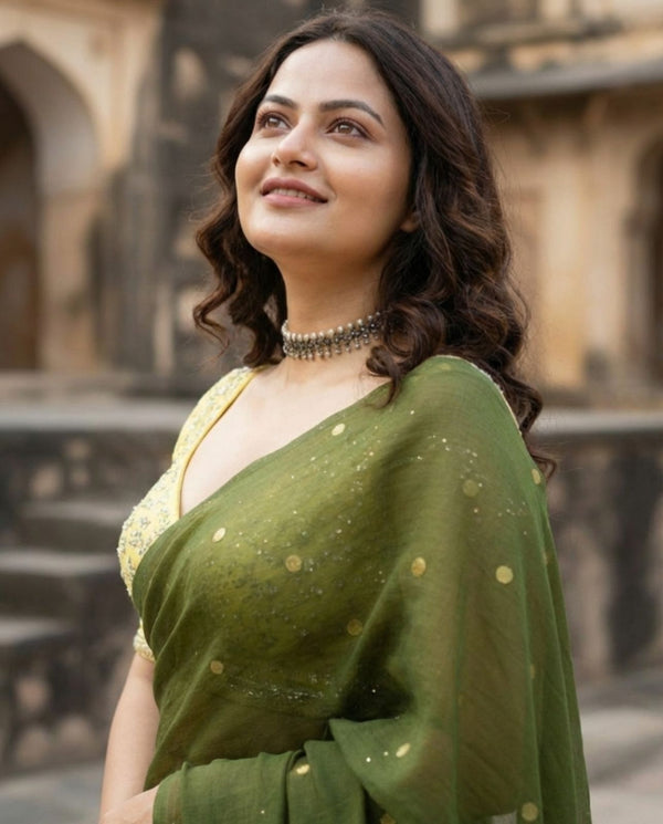 Indiehaat | Pure Mul Cotton Sequin Saree Green