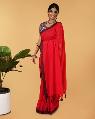 Pure Handloom Mul Cotton Red Saree 120 Count (Without Blouse)-Indiehaat