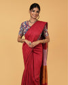 Silk Linen Plain Saree Red Color with contrast border and attached Running Blouse-Indiehaat