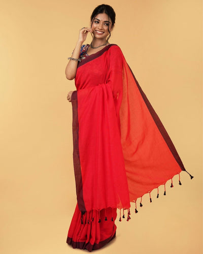 Pure Handloom Mul Cotton Red Saree 120 Count (Without Blouse)-Indiehaat