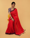 Pure Handloom Mul Cotton Red Saree 120 Count (Without Blouse)-Indiehaat