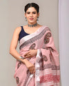 Indiehaat | Linen Saree Rose Pink Color Kalamakari Handblock Printed With Running Blouse