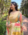 Indiehaat | Organza Multicolor Zari Woven Peach Saree