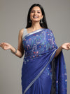 Artistic Pure Linen Handloom Saree Blue Hand Embroidered