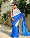 Shop Pure Linen Saree Online with Hand Embroidered, White & Blue Combo