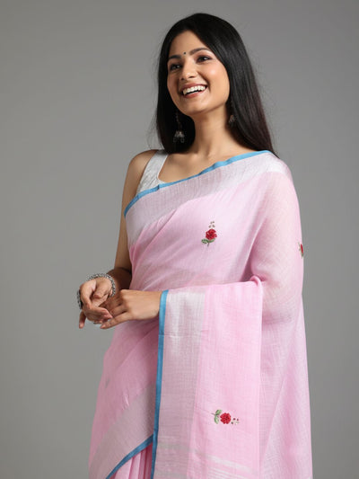 Illuminating Pure Linen Floral Embroidered Biege Saree