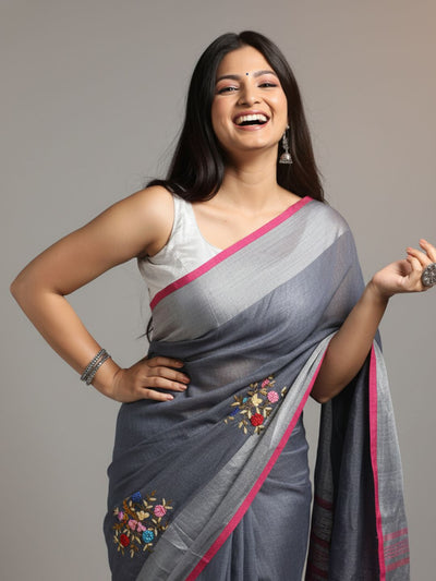 Harmonious Pure Linen Floral Embroidered Red Saree