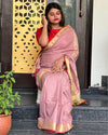 Handwoven Pure Linen Saree Dusky Pink Color with running Blouse - IndieHaat