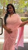 Georgette HandCrafted Tepchi work Pink Saree with Running Blouse-Indiehaat