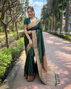 Indiehaat | Banarasi Jaal Katan Silk Zari Woven Green Saree