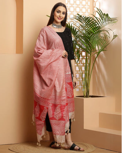 Indiehaat | Katan Silk Blockprint Dupatta Red