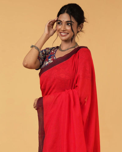 Pure Handloom Mul Cotton Red Saree 120 Count (Without Blouse)-Indiehaat