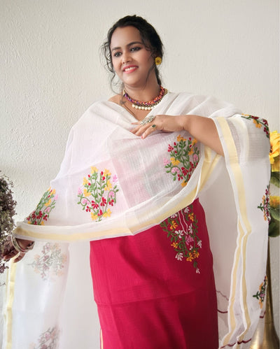 Kota Doria Red Suit Material 2 Piece Embroidered (Only Top and Dupatta)-Indiehaat