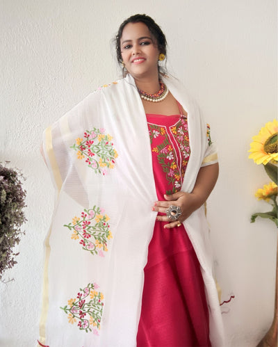 Kota Doria Red Suit Material 2 Piece Embroidered (Only Top and Dupatta)-Indiehaat