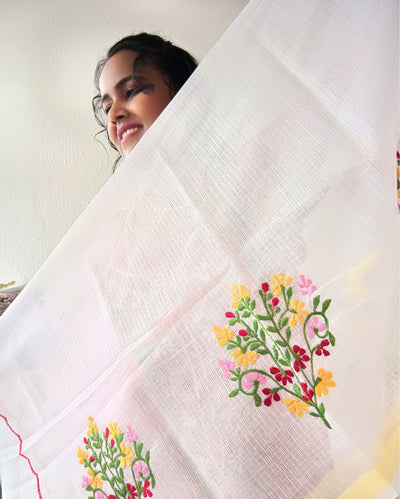 Kota Doria Red Suit Material 2 Piece Embroidered (Only Top and Dupatta)-Indiehaat