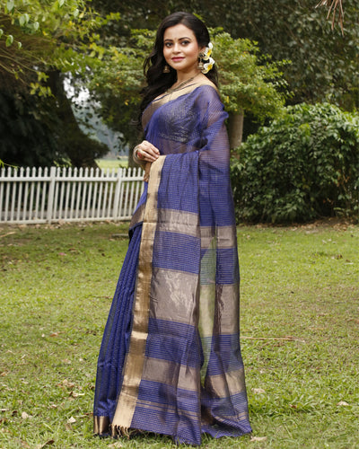 Indiehaat | Maheshwari Silk SareeRoyal Blue Color Check Design with Running Blouse
