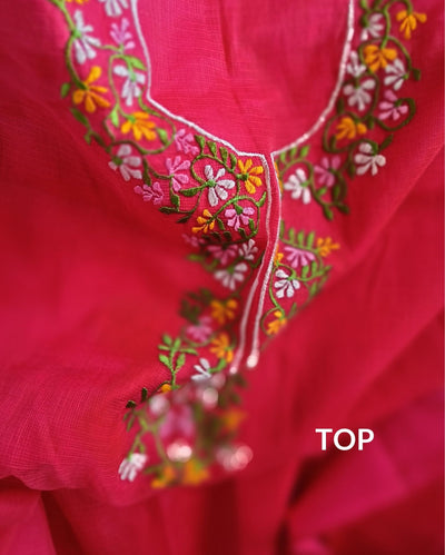 Kota Doria Red Suit Material 2 Piece Embroidered (Only Top and Dupatta)-Indiehaat