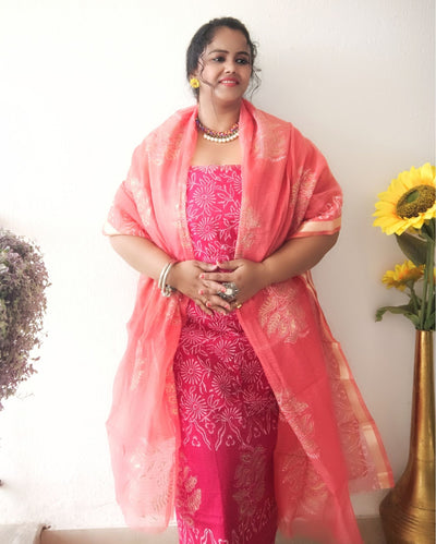 Lovable Kota Doria Embroidered Suit (T+B+D) Material Red With Pink Dupatta
