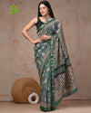 Indiehaat | Maheshwari Silk Saree Green Color Bagru Handblock Printed with Running Blouse (Silk by Silk)