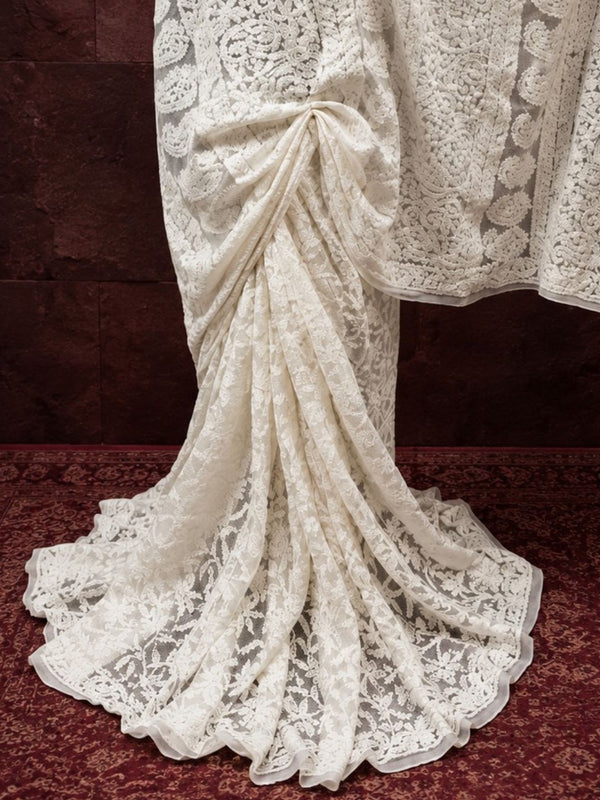 Indiehaat | White Georgette Chikankari Saree | Lucknowi