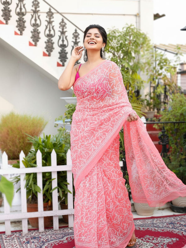 Tepchi Handwork Georgette Saree Candy Pink
