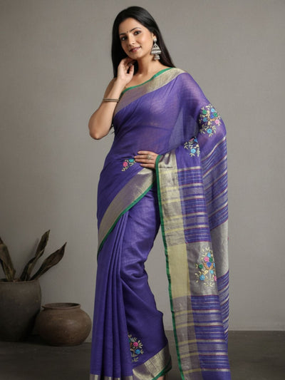 Captivating Pure Linen Floral Embroidered Purple Saree