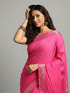 Silk Linen Banarasi Brocade Handloom Rose Pink Saree with Blouse-Indiehaat