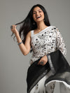 Classy Pure Linen Handloom Saree Black & White Hand Embroidered