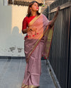 Handwoven Pure Linen Saree Dusky Pink Color with running Blouse - IndieHaat