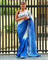 Shop Pure Linen Saree Online with Hand Embroidered, White & Blue Combo