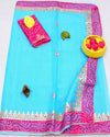 Tranquil Sky Blue Kota Doria Gota Patti Saree With Bandhej Border | Indiehaat