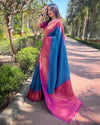 Indiehaat | Soft Silk Floral Border Contrast Zari Woven Blue Saree