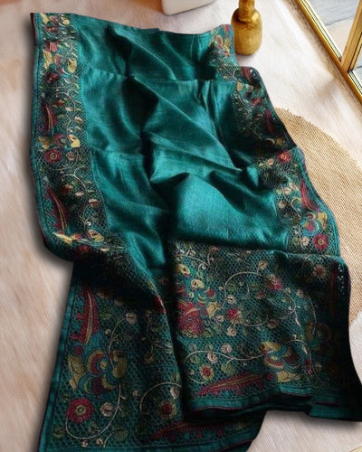 Indiehaat | Silkmark Pure Tussar Cutwork Green Saree