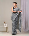 Indiehaat | Linen Saree Gray Color Kalamakari Handblock Printed With Running Blouse