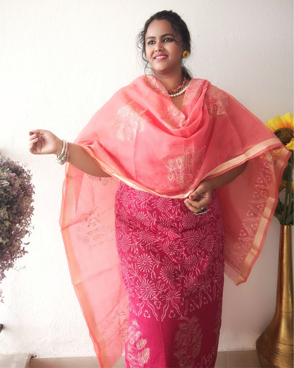 Lovable Kota Doria Embroidered Suit Material Red With Pink Dupatta