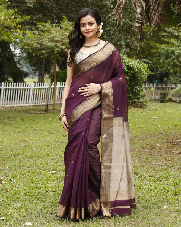 Musky Pure Maheshwari Silk Handloom Saree Wine & Gray