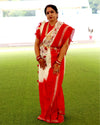 Pure Linen Handloom Saree White & Red Color Hand Embroidered with Running Blouse-Indiehaat